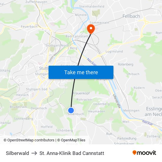Silberwald to St. Anna-Klinik Bad Cannstatt map