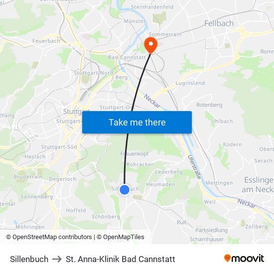 Sillenbuch to St. Anna-Klinik Bad Cannstatt map