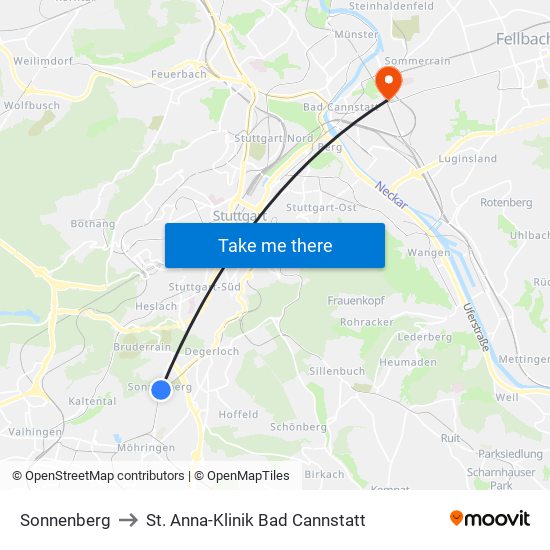 Sonnenberg to St. Anna-Klinik Bad Cannstatt map