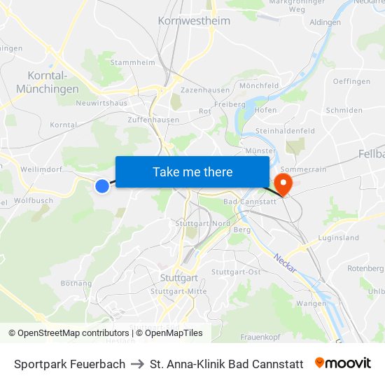 Sportpark Feuerbach to St. Anna-Klinik Bad Cannstatt map