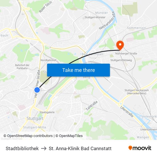 Stadtbibliothek to St. Anna-Klinik Bad Cannstatt map