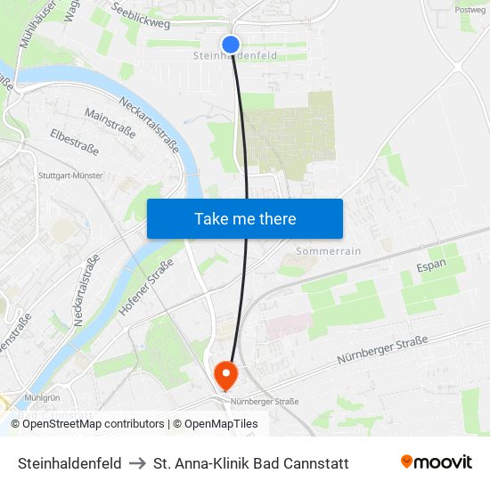 Steinhaldenfeld to St. Anna-Klinik Bad Cannstatt map