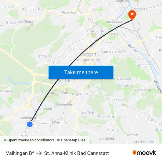 Vaihingen Bf to St. Anna-Klinik Bad Cannstatt map