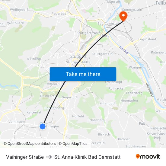 Vaihinger Straße to St. Anna-Klinik Bad Cannstatt map