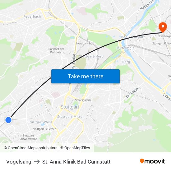 Vogelsang to St. Anna-Klinik Bad Cannstatt map