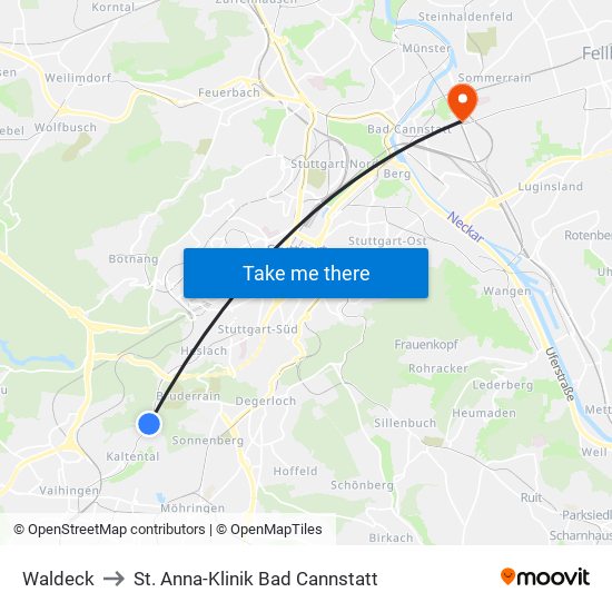 Waldeck to St. Anna-Klinik Bad Cannstatt map