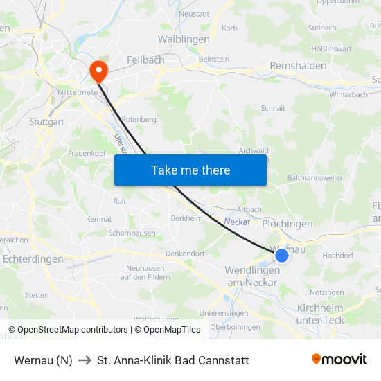 Wernau (N) to St. Anna-Klinik Bad Cannstatt map