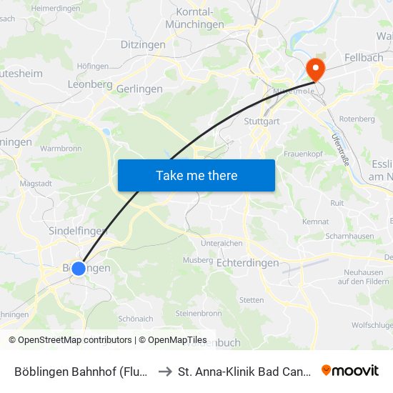 Böblingen Bahnhof (Flugfeld) to St. Anna-Klinik Bad Cannstatt map