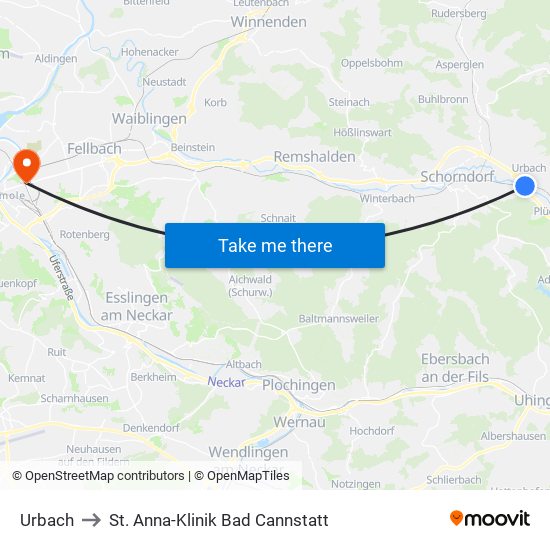 Urbach to St. Anna-Klinik Bad Cannstatt map