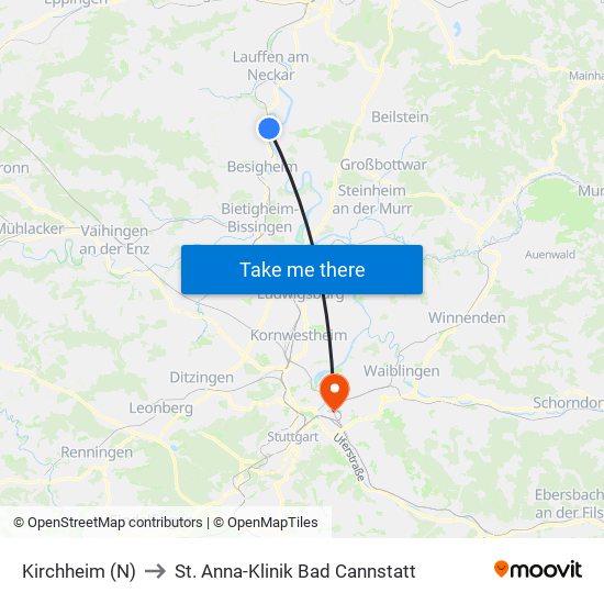 Kirchheim (N) to St. Anna-Klinik Bad Cannstatt map