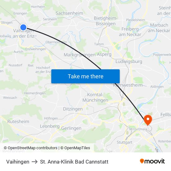 Vaihingen to St. Anna-Klinik Bad Cannstatt map