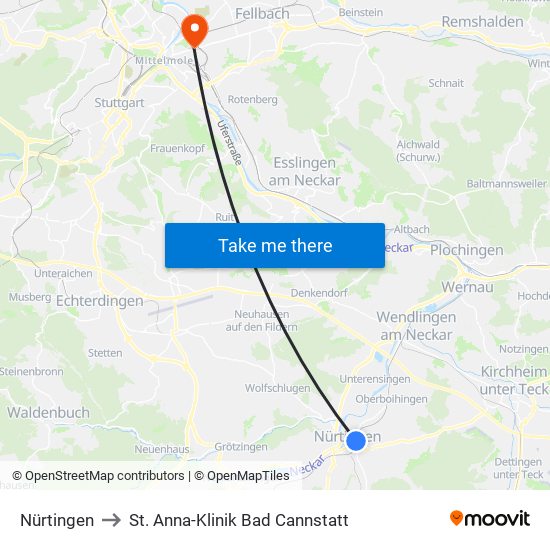 Nürtingen to St. Anna-Klinik Bad Cannstatt map