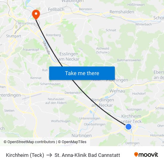 Kirchheim (Teck) to St. Anna-Klinik Bad Cannstatt map