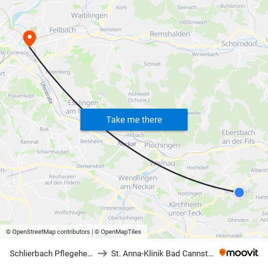 Schlierbach Pflegeheim to St. Anna-Klinik Bad Cannstatt map