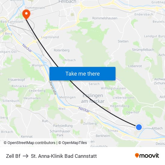 Zell Bf to St. Anna-Klinik Bad Cannstatt map