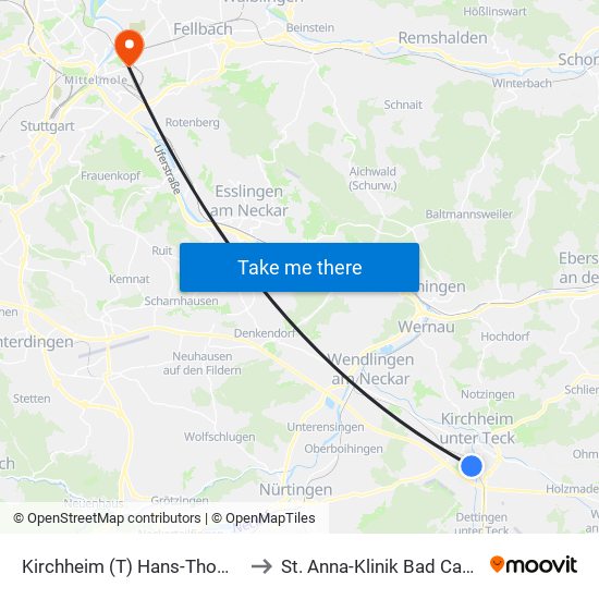 Kirchheim (T) Hans-Thoma-Weg to St. Anna-Klinik Bad Cannstatt map