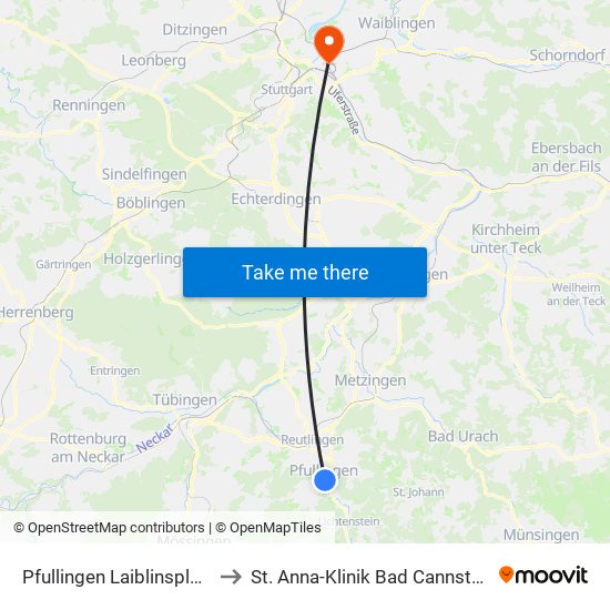 Pfullingen Laiblinsplatz to St. Anna-Klinik Bad Cannstatt map