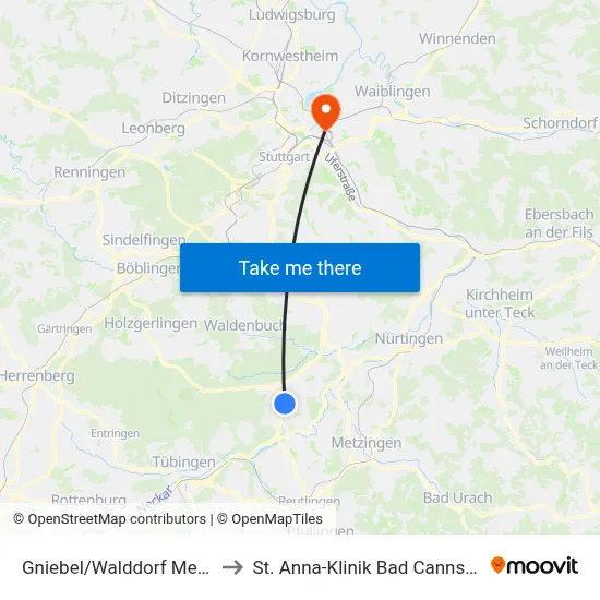 Gniebel/Walddorf Metric to St. Anna-Klinik Bad Cannstatt map