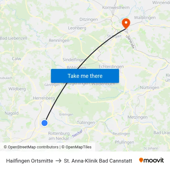 Hailfingen Ortsmitte to St. Anna-Klinik Bad Cannstatt map