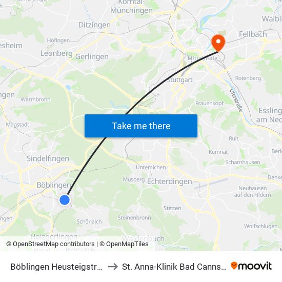 Böblingen Heusteigstraße to St. Anna-Klinik Bad Cannstatt map