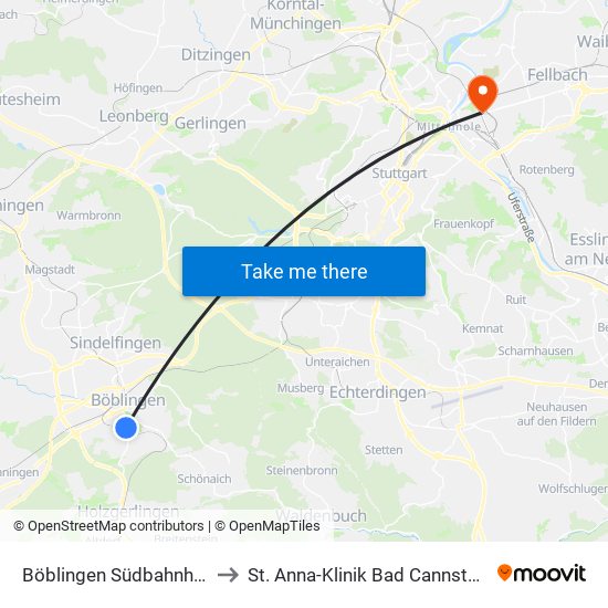 Böblingen Südbahnhof to St. Anna-Klinik Bad Cannstatt map