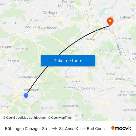 Böblingen Danziger Straße to St. Anna-Klinik Bad Cannstatt map