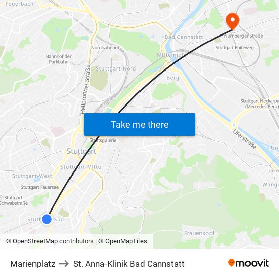 Marienplatz to St. Anna-Klinik Bad Cannstatt map