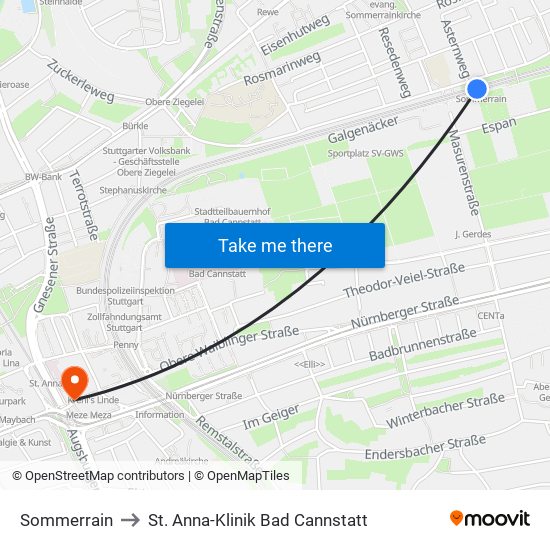 Sommerrain to St. Anna-Klinik Bad Cannstatt map