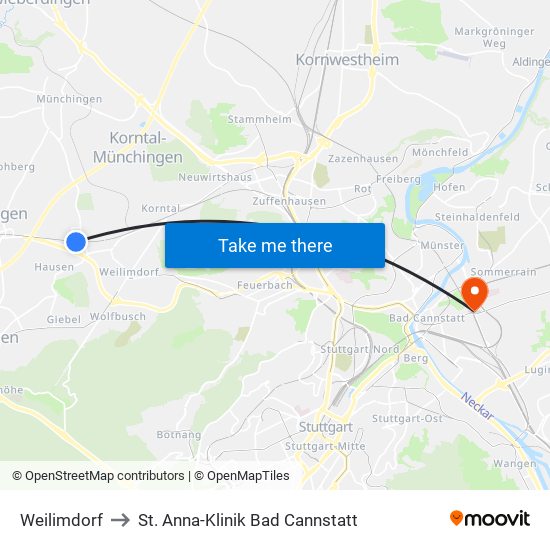 Weilimdorf to St. Anna-Klinik Bad Cannstatt map