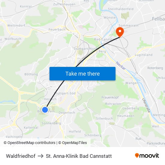 Waldfriedhof to St. Anna-Klinik Bad Cannstatt map