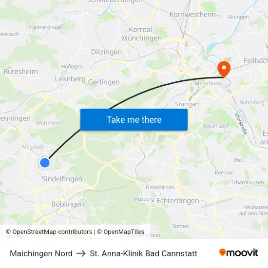 Maichingen Nord to St. Anna-Klinik Bad Cannstatt map