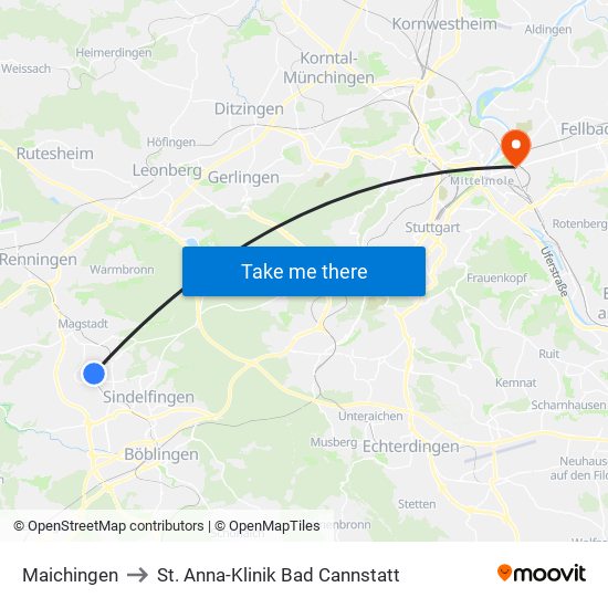 Maichingen to St. Anna-Klinik Bad Cannstatt map