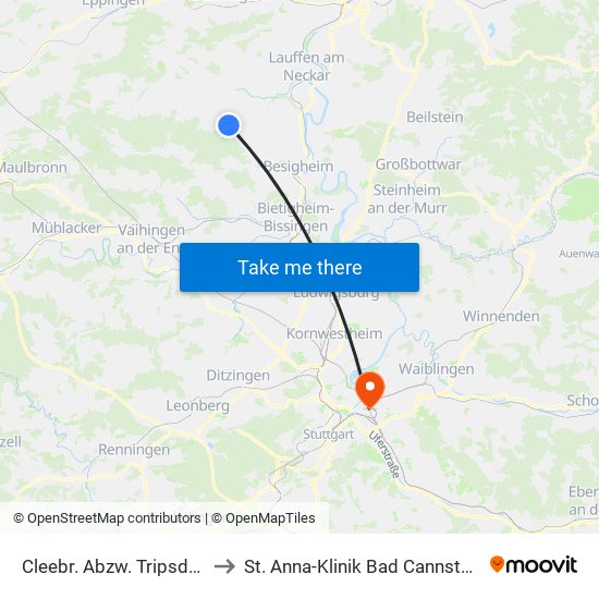 Cleebr. Abzw. Tripsdrill to St. Anna-Klinik Bad Cannstatt map