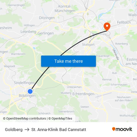 Goldberg to St. Anna-Klinik Bad Cannstatt map
