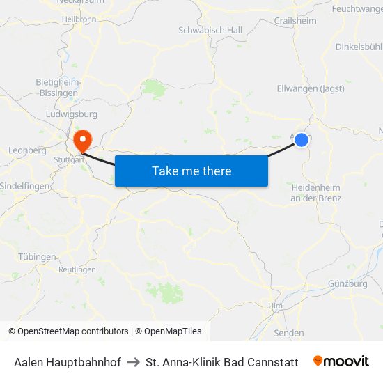 Aalen Hauptbahnhof to St. Anna-Klinik Bad Cannstatt map