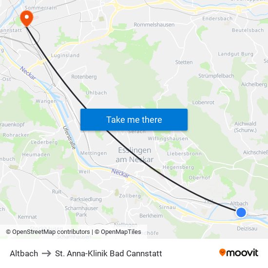 Altbach to St. Anna-Klinik Bad Cannstatt map