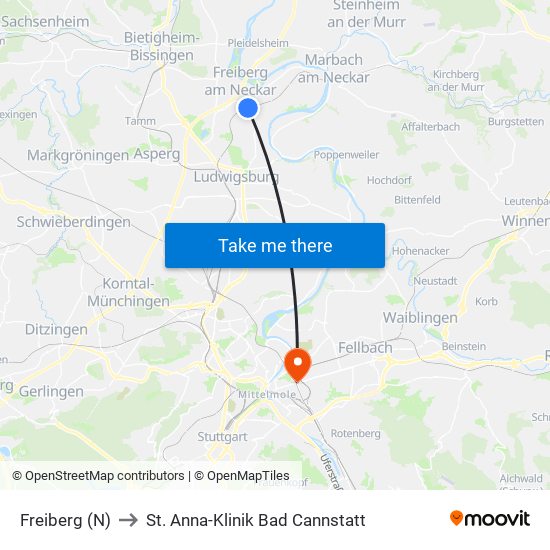 Freiberg (N) to St. Anna-Klinik Bad Cannstatt map