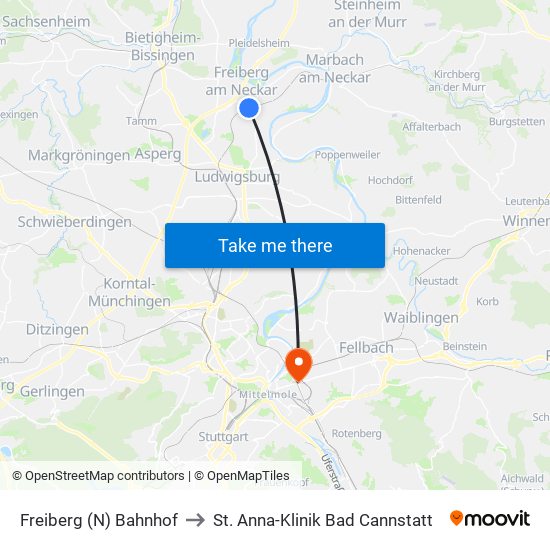 Freiberg (N) Bahnhof to St. Anna-Klinik Bad Cannstatt map