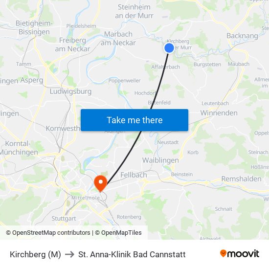 Kirchberg (M) to St. Anna-Klinik Bad Cannstatt map