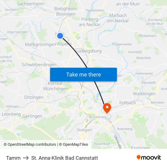 Tamm to St. Anna-Klinik Bad Cannstatt map