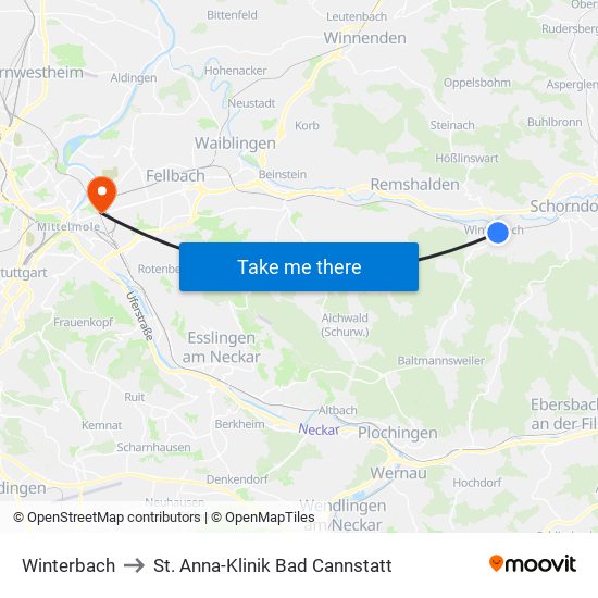 Winterbach to St. Anna-Klinik Bad Cannstatt map