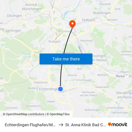 Echterdingen Flughafen/Messe (Sab) to St. Anna-Klinik Bad Cannstatt map