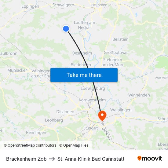 Brackenheim Zob to St. Anna-Klinik Bad Cannstatt map