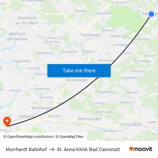 Murrhardt Bahnhof to St. Anna-Klinik Bad Cannstatt map