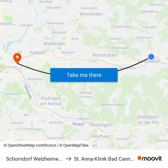 Schorndorf Welzheimer Str. to St. Anna-Klinik Bad Cannstatt map