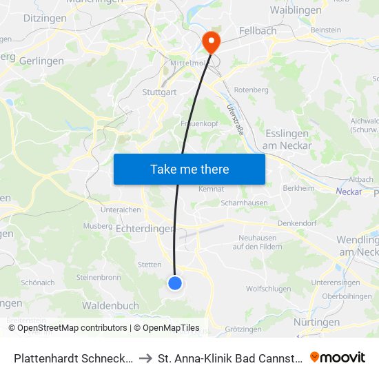 Plattenhardt Schnecken to St. Anna-Klinik Bad Cannstatt map