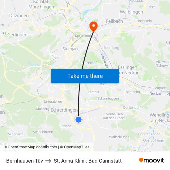 Bernhausen Tüv to St. Anna-Klinik Bad Cannstatt map