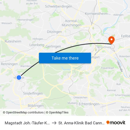 Magstadt Joh.-Täufer-Kirche to St. Anna-Klinik Bad Cannstatt map