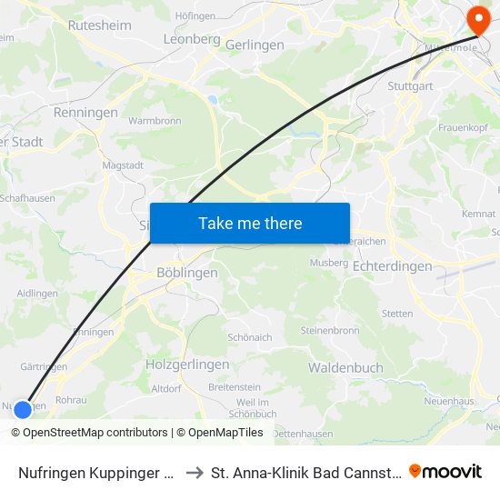 Nufringen Kuppinger Str. to St. Anna-Klinik Bad Cannstatt map