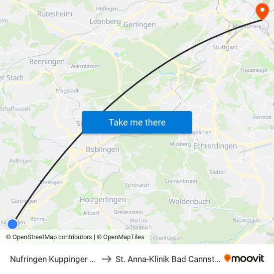 Nufringen Kuppinger Str. to St. Anna-Klinik Bad Cannstatt map